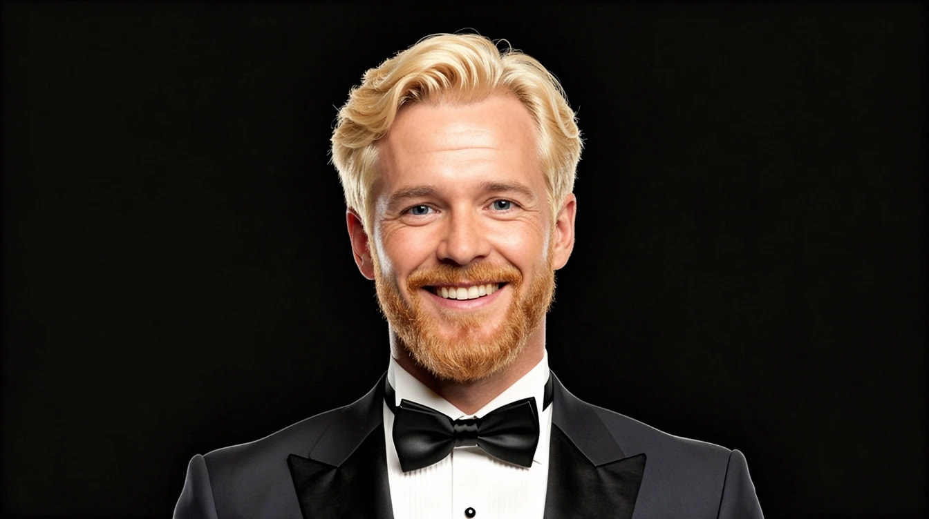 Synthetic male demo avatar with swept blonde hair and a ginger beard after a PublicSelf grooming preview