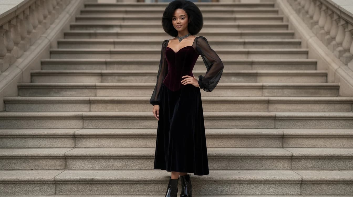 A woman in a black velvet evening gown on grand stone stairs, created with PublicSelf