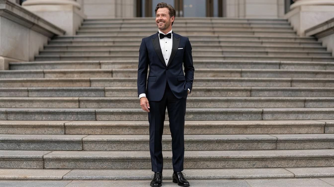 A man in a black tuxedo on grand stone stairs, created with PublicSelf