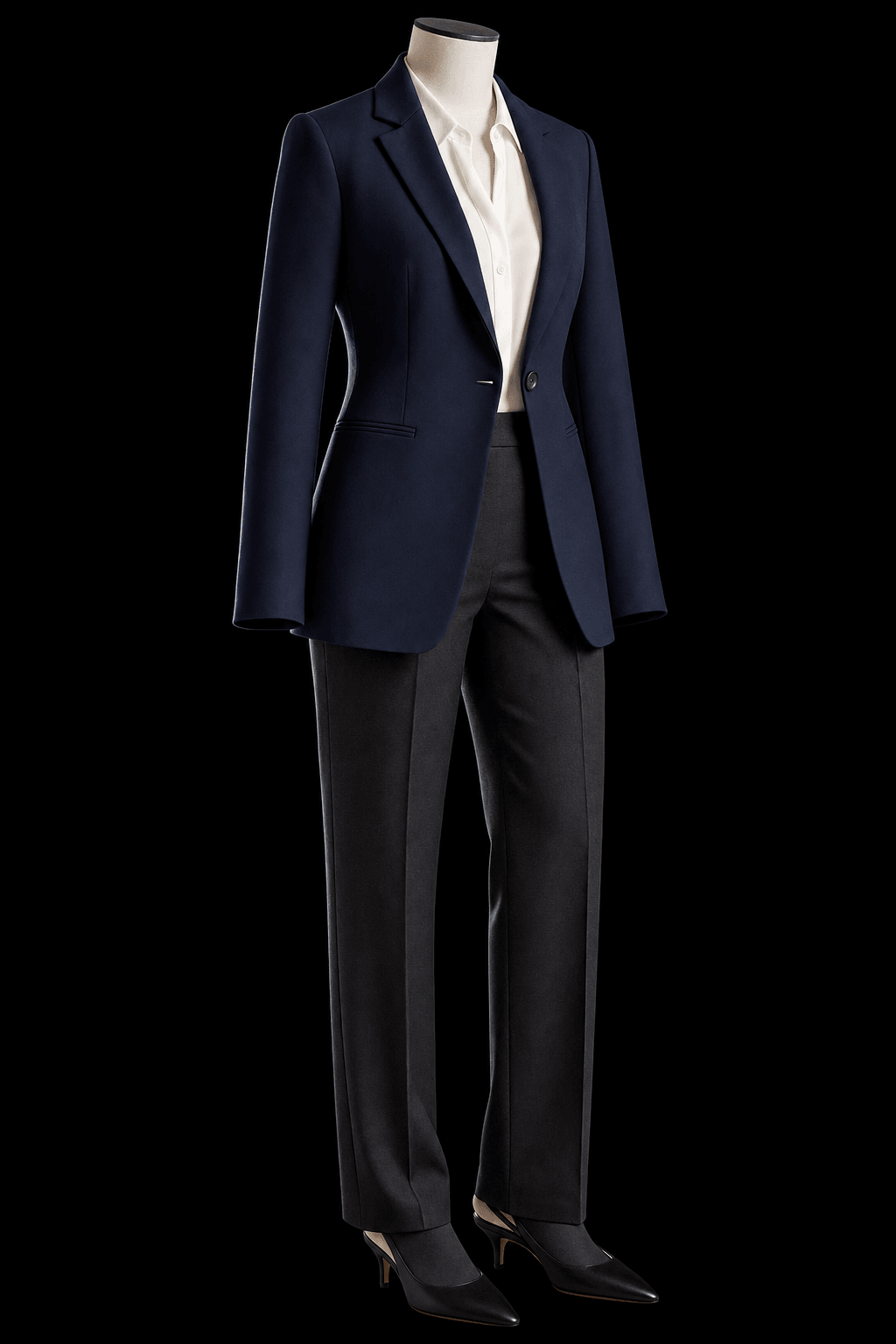 AI-generated woman in a cream professional outfit against a dark background