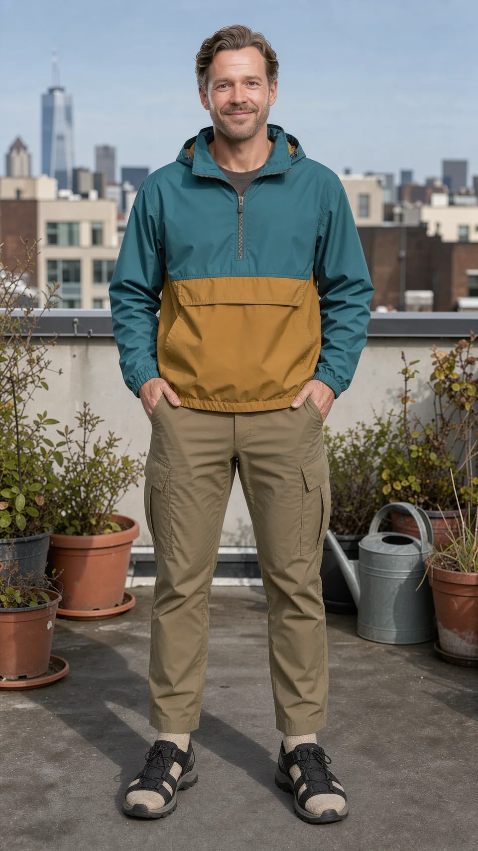 Anorak, Sandalen und Socken