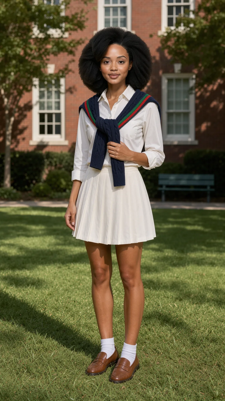 Avatar de démonstration synthétique PublicSelf sur une pelouse de campus en chemise oxford blanche, jupe de tennis plissée blanche, pull sur les épaules et mocassins avec chaussettes blanches