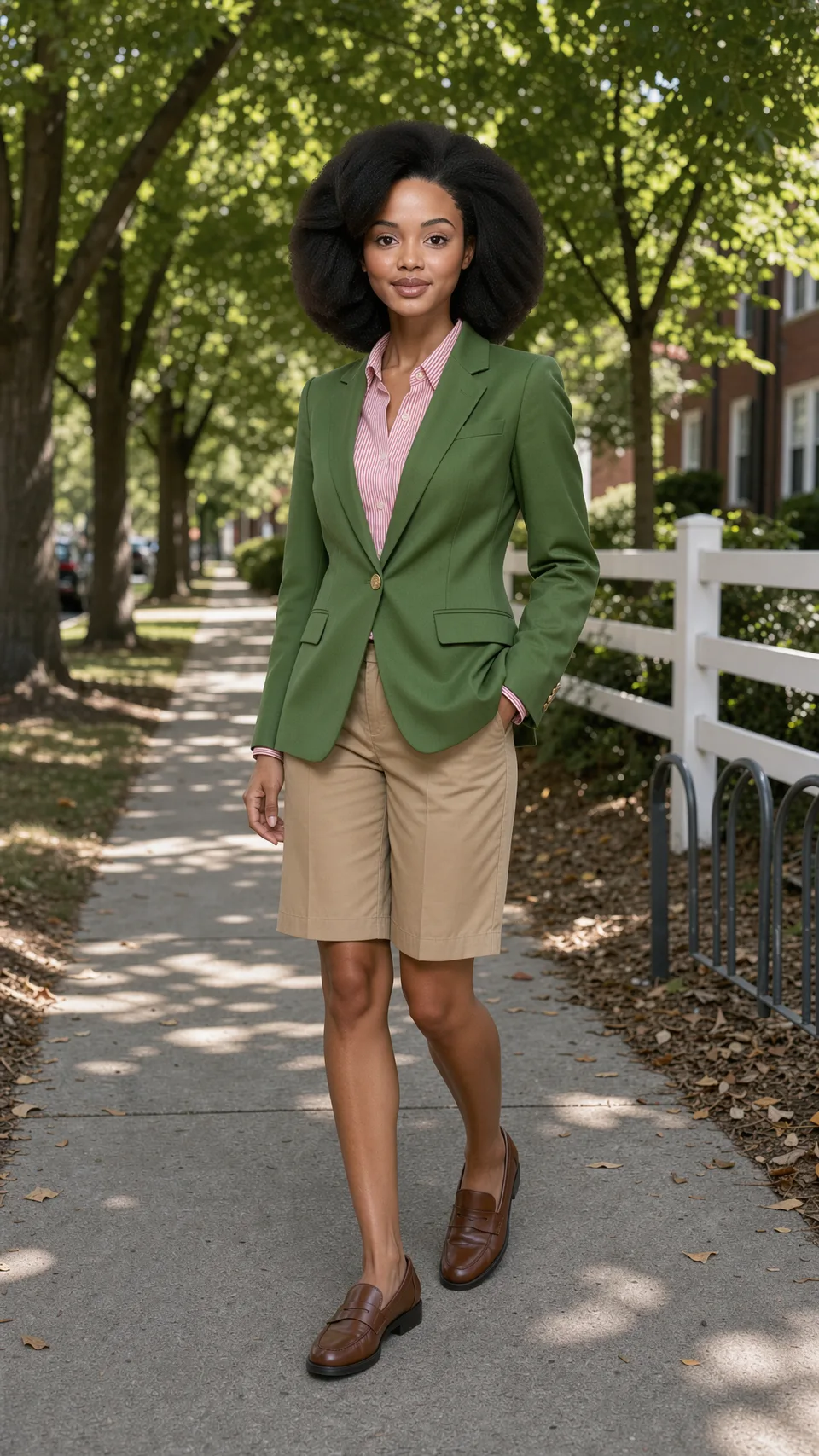Blazer vert, chemise rayée