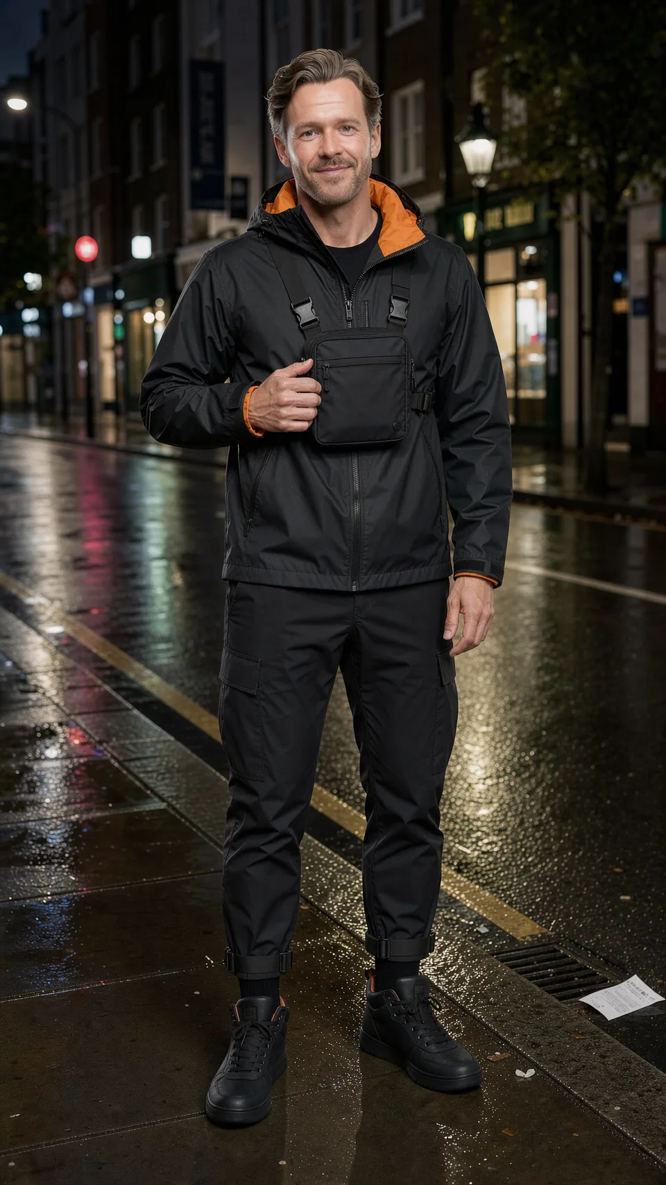 Synthetic PublicSelf demo avatar on a wet city street at night in a black shell jacket with an orange-lined collar, black cargo trousers and a chest bag