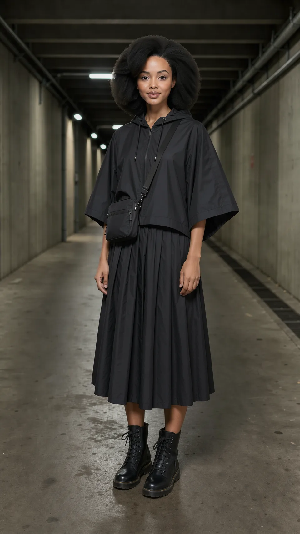 Rain cape and pleated skirt
