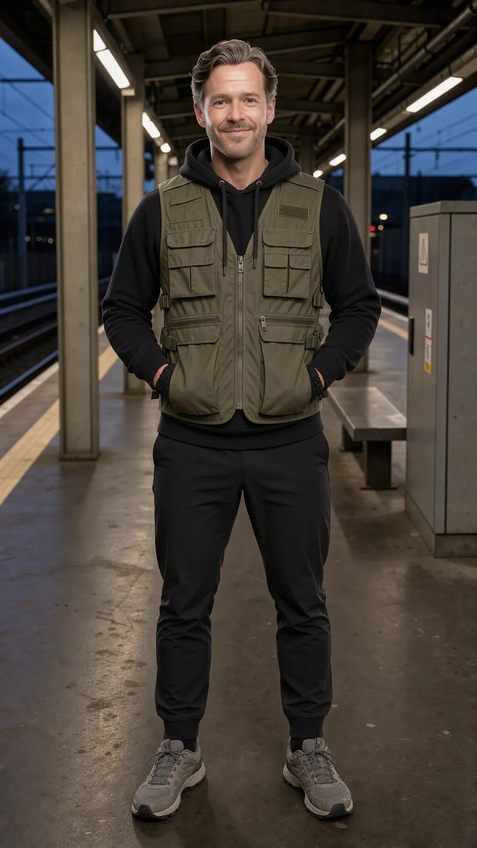Olive vest over a hoodie